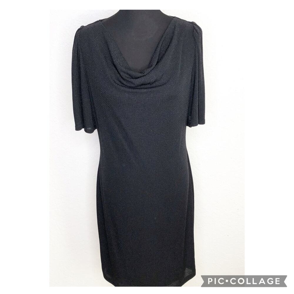 Frank Lyman Design black metallic cowl neck slit sleeve midi dress size 12‎